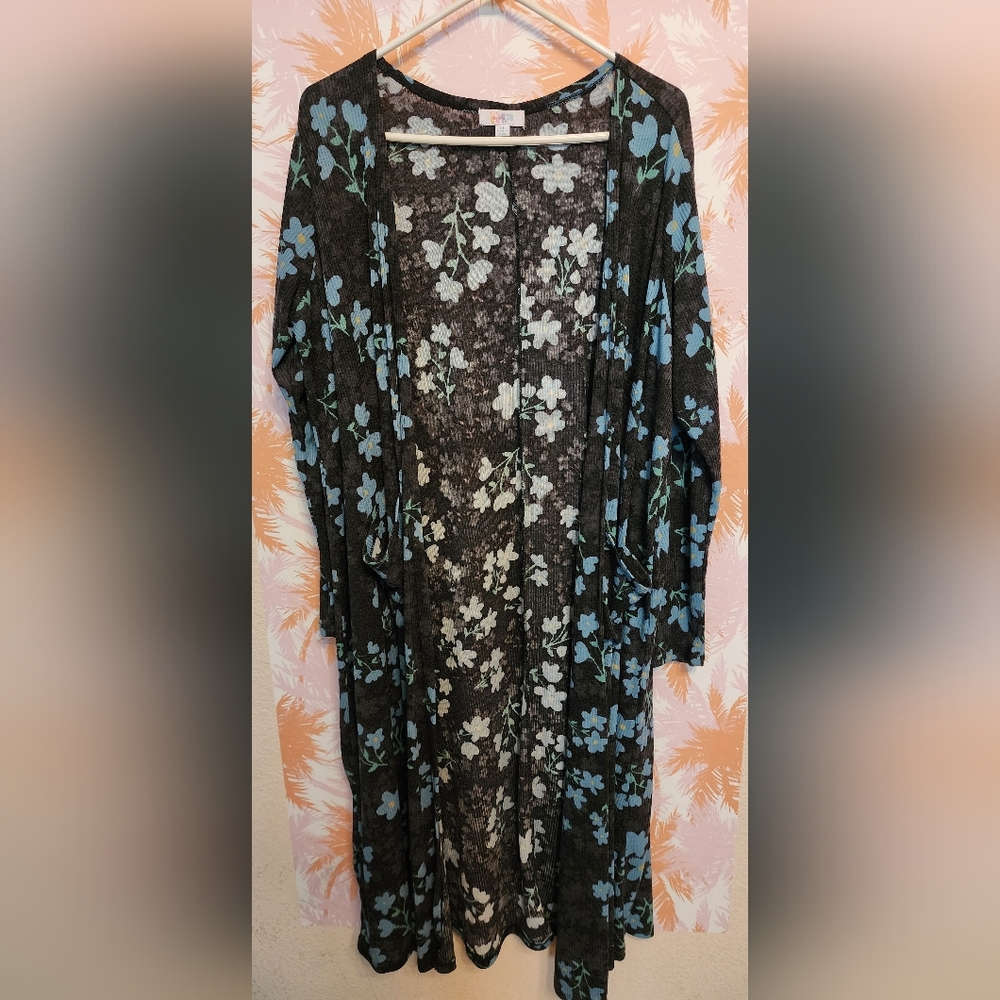 LuLaRoe Sarah Cardigan XL Black Gray Blue Floral